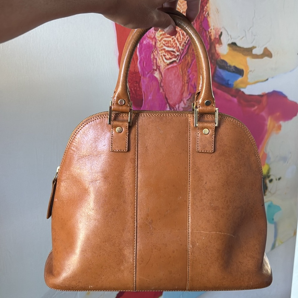 LaLucca Rebekah Leather Bag Dome Satchel Pink Lining Tan Cognac Brown